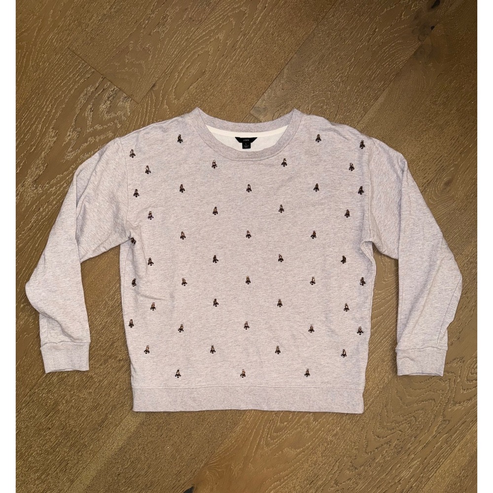 J.Crew Womens Gray Embellished Bee Sweatshirt‎ Beaded Sequin Pullover Large